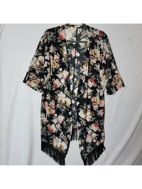 Ember Hi Lo Cover Up Womens Sz L 3/4 sleeves Fringe Trim Open Front Sheer Black